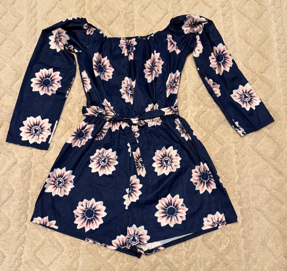 Women's Size S Long Sleeve Off Shoulder Floral Romper with Belt